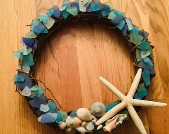 Sea Glass Wreath with Starfish and Seashells, beach vibes, grapevine, seaside decor, beach house