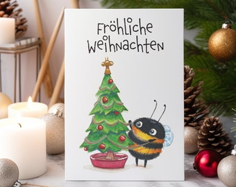 Christmas card "Merry Christmas" with busy bumblebee bee card folding card gift Advent Christmas tree watercolor Christmas tree