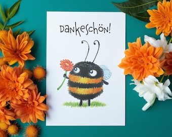 Thank you card with cute bumblebee and flower - Just say 'thank you', bee, card Dina 6, gift christening communion wedding