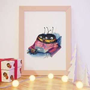Romantisches Geschenk "Zwei Hummeln beim Filmeabend" Poster Hummel Freundin Jahrestag Aquarell Kunstdruck Tierposter Movienight