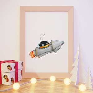 Hummel Poster Rakete | Aquarell Kunstdruck Tierposter Geschenk Kinderzimmer Poster  Kinderzimmer Dekoration Weltraum Milchstraße