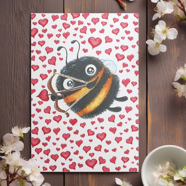 Valentinstag Karte Hummel Romantische Klappkarte Aquarell Wasserfarben Biene Geschenk Jahrestag Liebe