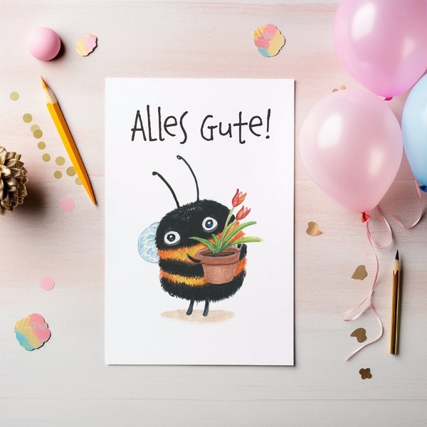 Geburtstagskarte mit liebevoller Hummel Glückwunschkarte Hochzeit Geburt Taufe Klappkarte Biene Karte Din A6 Geburtstag Aquarell Wasserfarbe