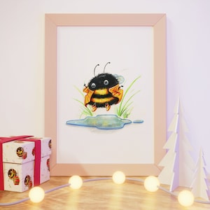 Kinderzimmer Poster "Hummel und Regenpfütze" Babyzimmer Wanddekoration Deko Aquarell Baby Geschenk Tierposter Biene Spielkind Biene