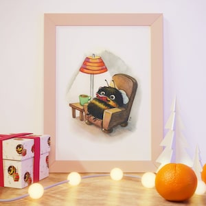 Poster Buch Hummel - Aquarell Kunstdruck - Buchliebhaber Geschenk Freundin - Poster Kinderzimmer - Tierposter Biene Zeichnung Lesen Leselust