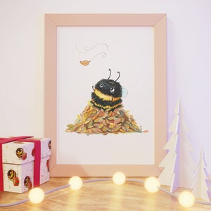 Póster para habitación infantil "Abejorro entre hojas" con acuarela otoñal, impresión artística, póster de animales, regalo bonito.