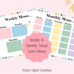 Printable School Lunch Menu, Weekly Lunch Menu Template, Monthly Lunch Menu, Rainbow Daycare Menu, Colorful Menu, Instant Download, Letter