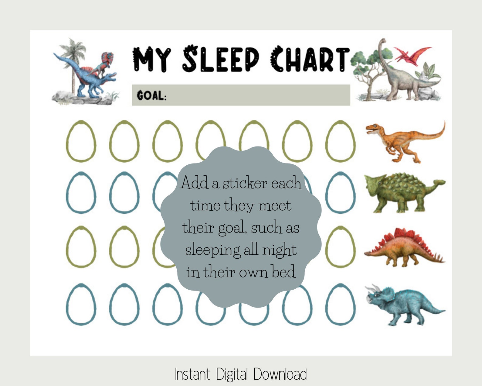 Sleep Sticker Chart, Watercolor Dinosaurs Printable Reward Chart for