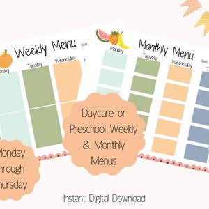 Printable Daycare Menu, Mon-Thurs, Fruit/Flower Theme, Preschool Menu, Weekly Snack & Lunch Menu Template, Monthly Lunch Menu, School Menu