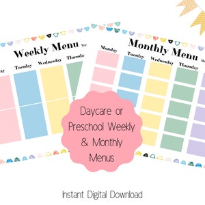Daycare or Preschool Menu Printable, Weekly Snack & Lunch Menu Template, Monthly Lunch Menu, Colorful Daycare Menu, Instant Download, Letter
