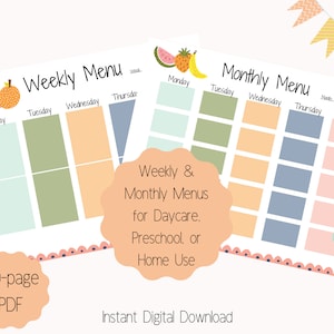Printable Menu Bundle, Daycare/Preschool Menu, Weekly Lunch Menu Template, Monthly Menu, School Menu, Grocery List, Fruit/Flower Theme