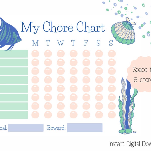 Printable Under the Sea Chore Chart, Sticker Chart, To-Do List, Morning Routine, Weekly Chores, Instant Download, Preschooler