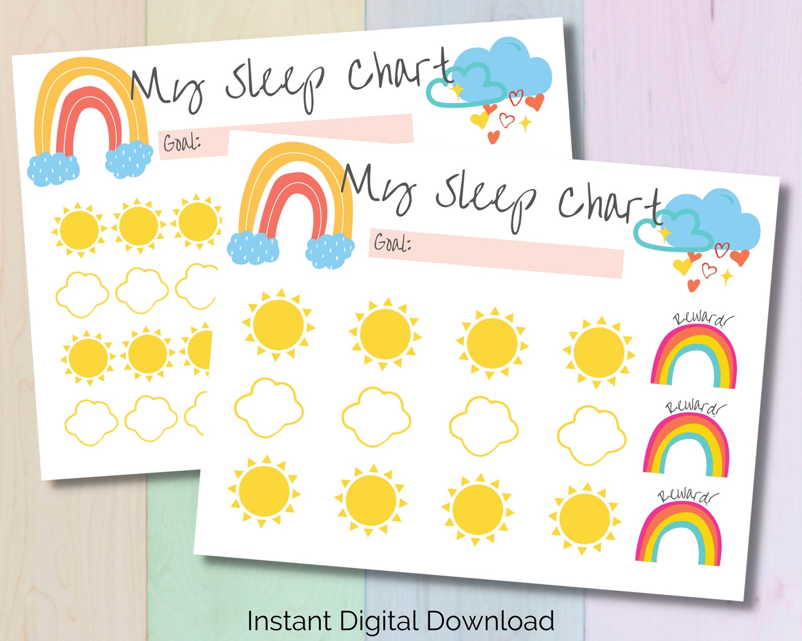 Sleep Sticker Chart Bundle, Printable Rainbow Reward Tracker for