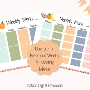 Printable Daycare Menu, Fruit/Flower Theme, Preschool Menu, Weekly Snack & Lunch Menu Template, Monthly Lunch Menu, School Menu, Letter Size