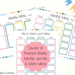 Printable Daycare or Preschool Menu, Weekly Snack & Lunch Menu, Monthly Lunch Menu, Colorful Mix and Match Daycare Menu Template, Letter