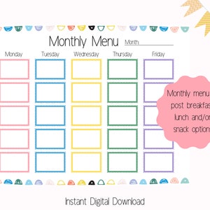 Printable Daycare or Preschool Menu, Weekly Snack &amp; Lunch Menu, Monthly ...