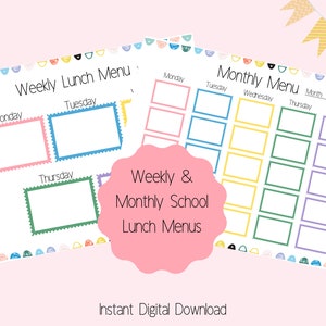 School Lunch Menu Printable, Weekly Lunch Menu Template, Monthly Lunch Menu, Colorful Daycare Menu, Rainbow Menu, Instant Download, Letter