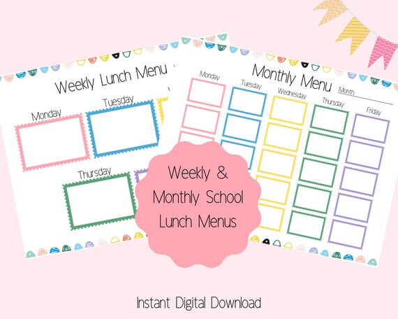 School Lunch Menu Printable Weekly Lunch Menu Template - Etsy