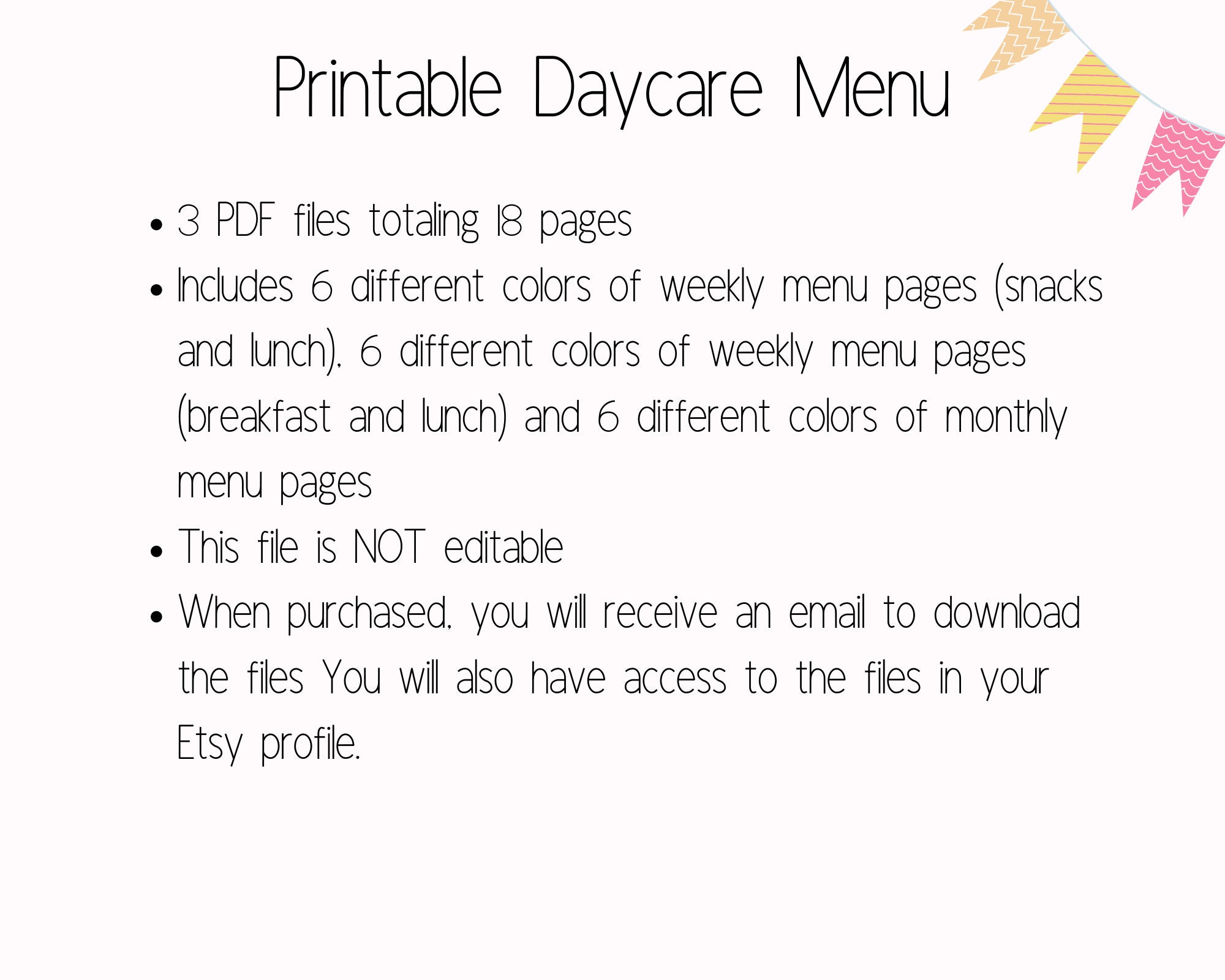 Printable Daycare or Preschool Menu, Weekly Snack & Lunch Menu, Monthly
