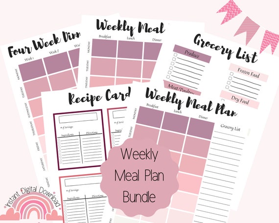 Printable Pink Meal Planning Pages, Weekly Menu Planner, Grocery List, Meal  Prep, Recipe Cards, 4 Week Dinner Plan, Calendar, Letter 