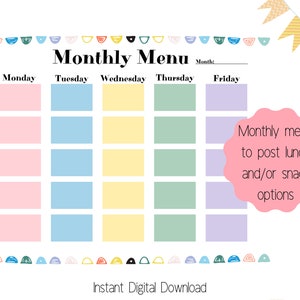 Daycare or Preschool Menu Printable, Weekly Snack & Lunch Menu Template ...