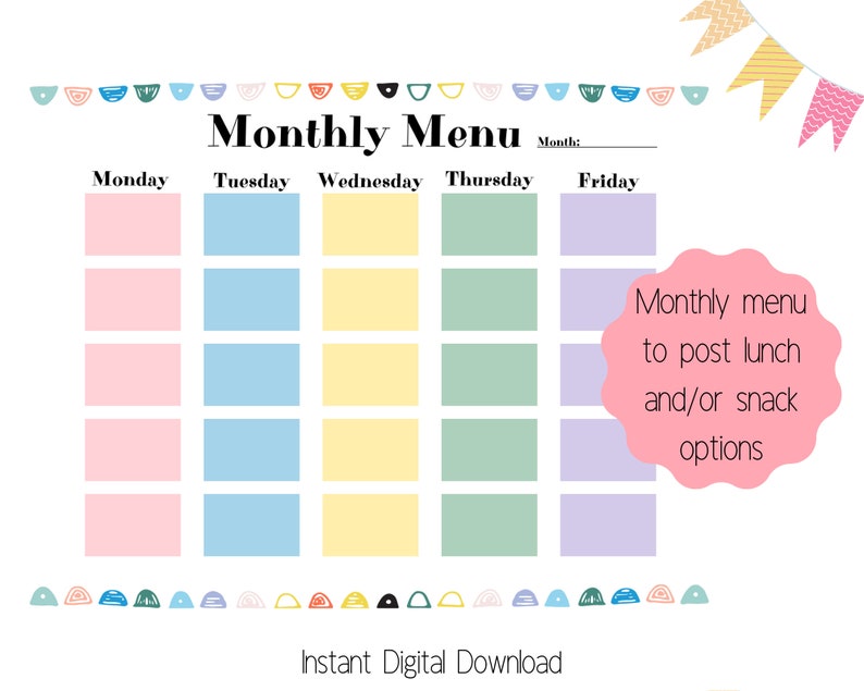 Daycare or Preschool Menu Printable, Weekly Snack &amp; Lunch Menu Template ...