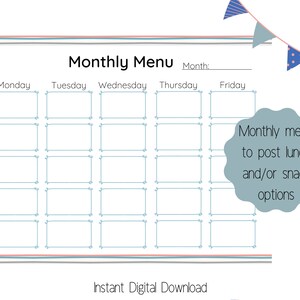 Printable Preschool or Daycare Menu, Weekly Snack &amp; Lunch Menu, Monthly ...