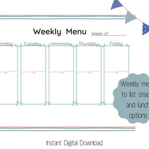 Preschool Weekly Menu Printable