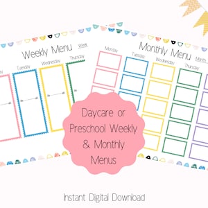 Printable Daycare or Preschool Menu, Weekly Snack & Lunch Menu, Monthly Lunch Menu, Colorful Daycare Menu Template, Instant Download, Letter