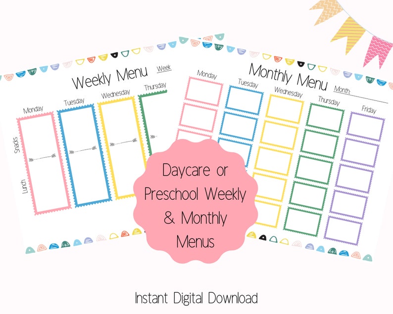 Printable Daycare or Preschool Menu, Weekly Snack &amp; Lunch Menu, Monthly ...
