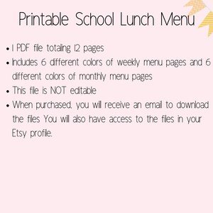 School Lunch Menu Printable Weekly Lunch Menu Template - Etsy