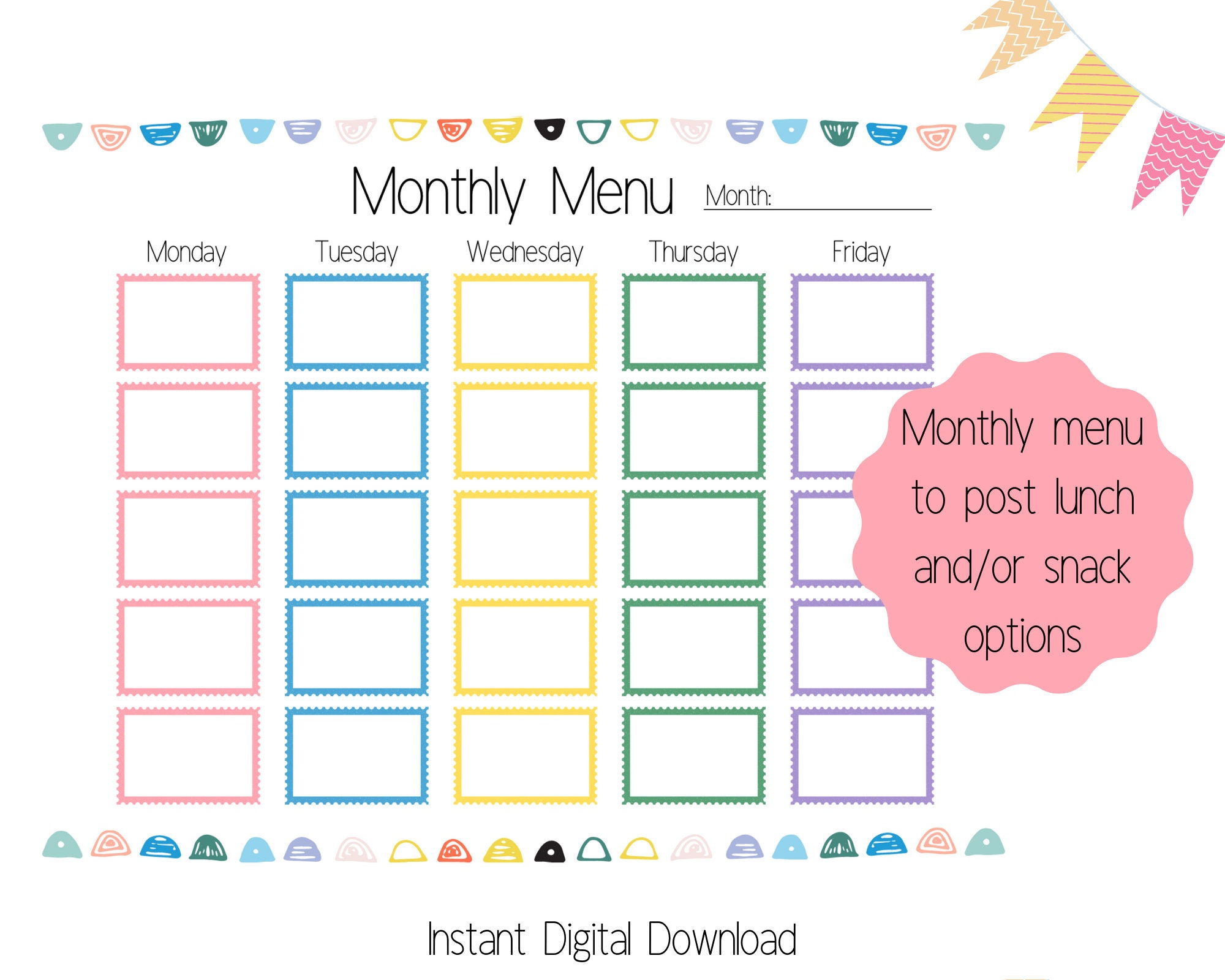 Printable Daycare or Preschool Menu Weekly Snack &amp; Lunch | Etsy