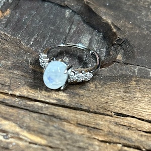 Blue Flash Rainbow Moonstone Adjustable Stainless Steel Ring