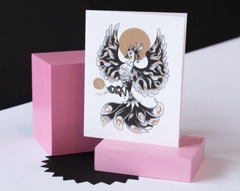 Phoenix Card – A2 Gold & Black Riso Print