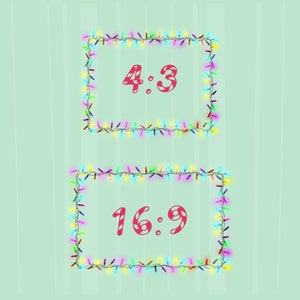 Puede incluir: Dos marcos rectangulares delineados con luces navideñas coloridas sobre un fondo verde claro con rayas verticales. El marco superior contiene el texto "4:3" en estilo bastón de caramelo rojo y blanco. El marco inferior contiene el texto "16:9" en el mismo estilo.
