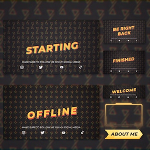 Puede incluir: Un conjunto de cinco superposiciones de transmisión de Twitch con un fondo negro y un patrón de triángulos amarillos y naranjas. Las superposiciones incluyen el texto "Starting", "Be Right Back", "Finished", "Welcome" y "Offline". Las superposiciones también incluyen iconos de redes sociales para Instagram, Twitter, YouTube y TikTok. La superposición inferior incluye un marco dorado con el texto "About Me".
