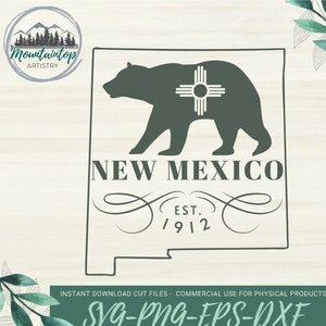 May include: A green silhouette of a bear with the New Mexico state symbol on its back. The text "NEW MEXICO" is below the bear, and "EST. 1912" is below that. The image is on a woodgrain background.