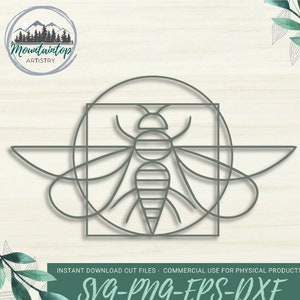 May include: A geometric design featuring a stylized bee inside a square and circle. The bee is outlined in black and has a striped body. The design is in shades of gray against a woodgrain background.