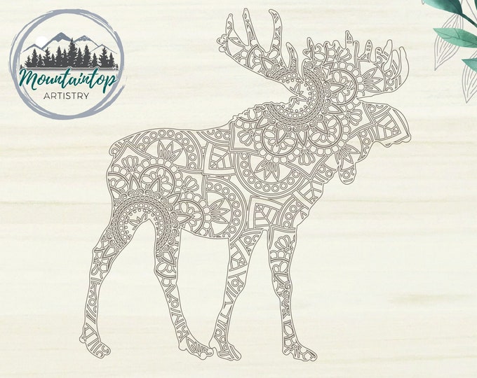 Moose Mandala SVG, Moose Mandala, Moose Zentangle DXF Laser Cut File, Moose Zentangle SVG, Zentangle Moose