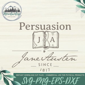 Persuasion Novel SVG, Jane Austen Gift Idea, Bibliophile Book Lover, Bookish DXF Laser Engraving Cut File