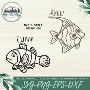 Clown Fish Angel Fish divertido SVG, Ideas divertidas de regalos temáticos del océano y la playa, Paquete de archivos de corte de grabado láser