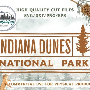 May include: A brown rectangular sign with the text "INDIANA DUNES NATIONAL PARK" in white lettering. The sign is surrounded by a watercolor background of trees and mountains.