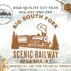 May include: A brown vintage train with smoke coming from the chimney, traveling through a scenic landscape. The text reads "Big South Fork Scenic Railway Stearns, KY Commercial Use for Physical Products".