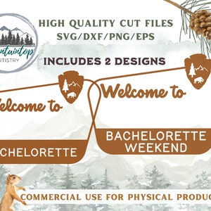 Signe de Bachelorette Cadeau personnalisable Fête de mariage Bachelorette Weekend Decor National Park Theme Adventure SVG Woodland Decoration Party