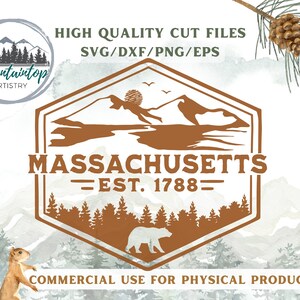 May include: A brown hexagonal logo with a mountain range, a lake, and a bear silhouette. The text "MASSACHUSETTS - EST. 1788 -" is in a vintage font. The logo is surrounded by a watercolor background with pine trees and a pine cone.
