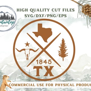 May include: A brown circle with a white outline contains a stylized image of the state of Texas, a longhorn skull, a pine tree, and the text "1845 TX". The circle is set against a watercolor background of mountains and trees.