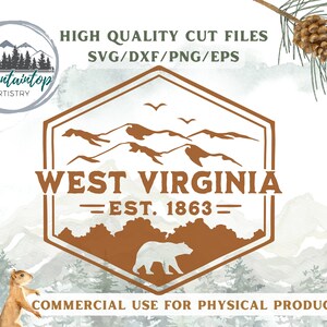 May include: A brown hexagonal logo with the text "WEST VIRGINIA EST. 1863" in a vintage font. The logo features a mountain range and a bear silhouette. The logo is surrounded by a watercolor background with mountains and trees.