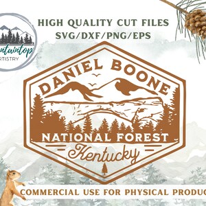 May include: A brown and tan illustrated logo for Daniel Boone National Forest in Kentucky. The logo features a mountain range, trees, and the text "Daniel Boone National Forest - Kentucky".