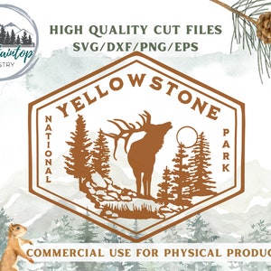 May include: A brown and white illustration of a Yellowstone National Park logo with a silhouette of an elk and trees. The text "YELLOWSTONE NATIONAL PARK" is in a brown circle around the elk and trees.