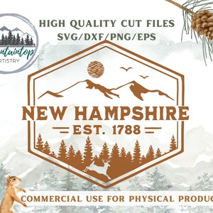May include: A brown and white logo with a mountain range, trees, and a deer silhouette. The text "NEW HAMPSHIRE - EST. 1788 -" is below the image. The logo is surrounded by a brown hexagon.